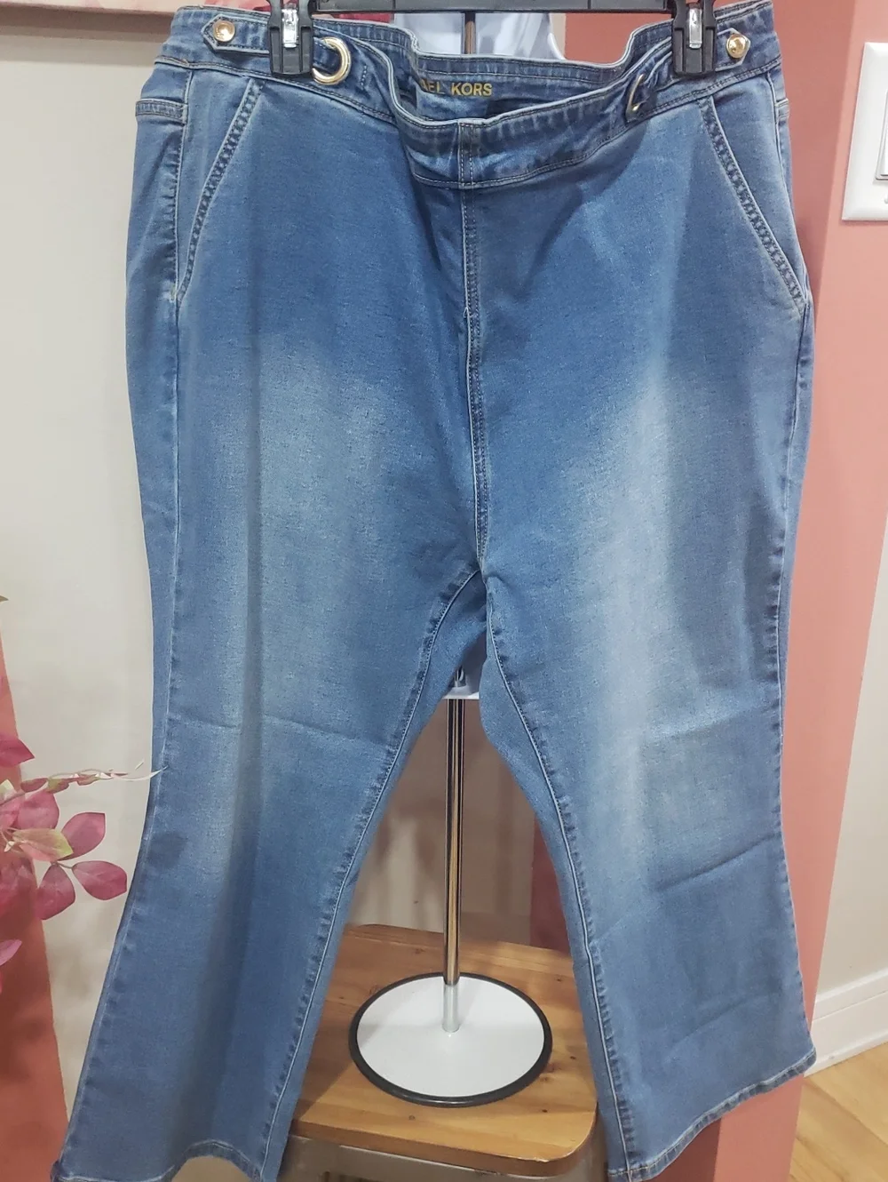Michael Kors Light Blue Stretch Denim Boot Cut Jeans with Grommet Detail, 20W
